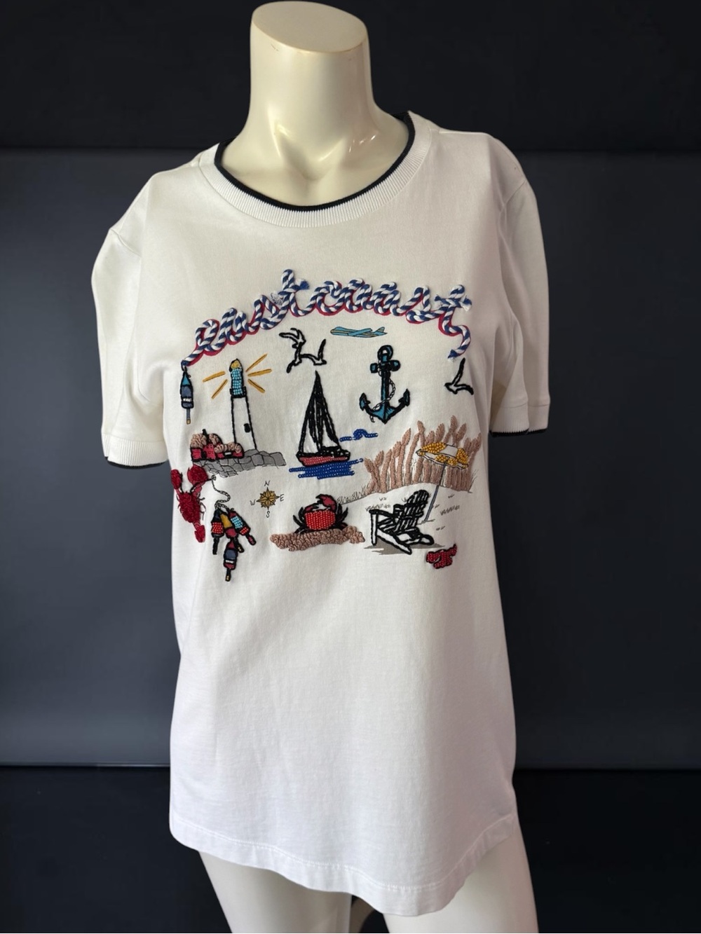 TORY BURCH East Coast Embroidered Beaded T-Shirt Size Medium